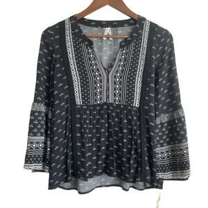 MUDD Women Top‎ XS Black Bell Sleeve Boho Babydoll Cottage Y2K Retro Girly NEW